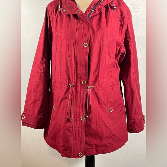 Giacca Maroon Hooded Full Zip Up Button Down Drawstrings Long Sleeve Jacket XL - Picture 4 of 9